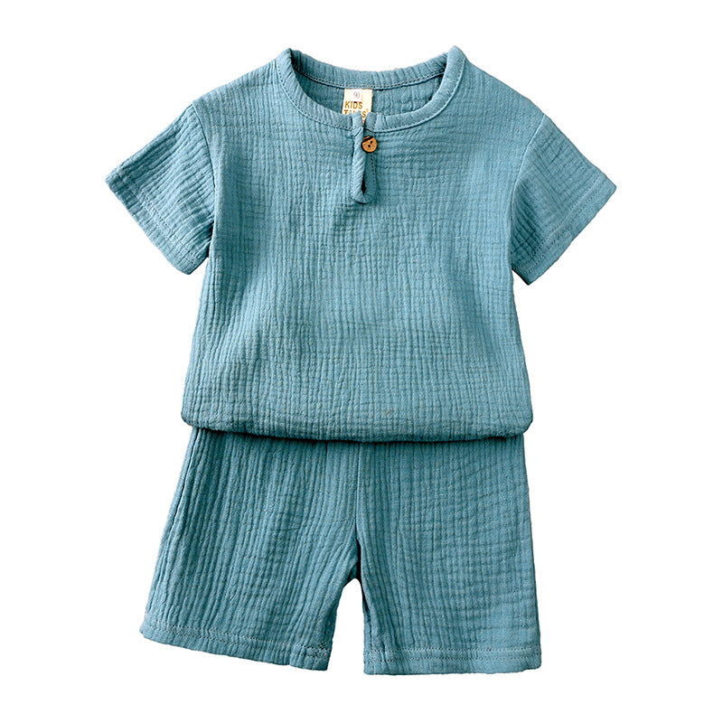 Wholesale Baby Cotton Linen Button Short Sleeve T-Shirt Shorts Thin Two-piece Set